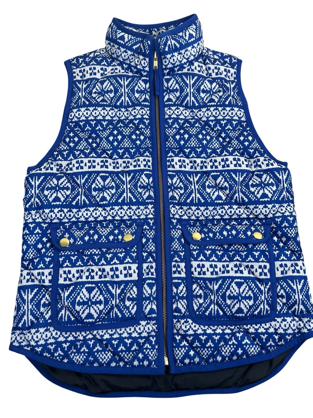 J.CREW NWT Fair Isle Quilted Down Puffer Vest Blue White Nordic‎ Print PS NEW